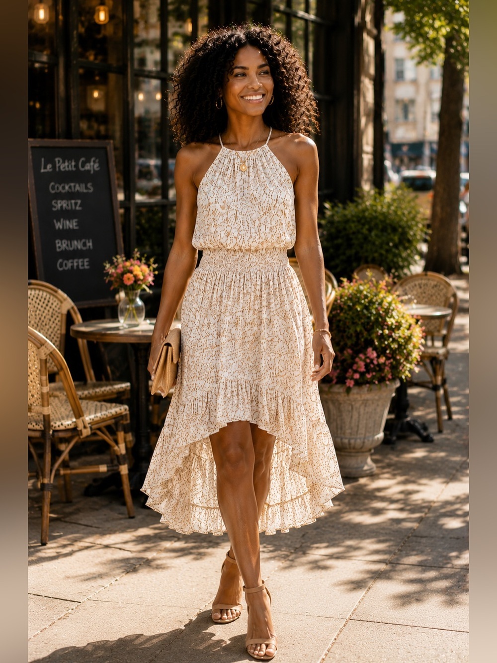 Joie Lamberta 100% Silk Tiered Halter High-Low Dress Porcelain/Multi Size 6